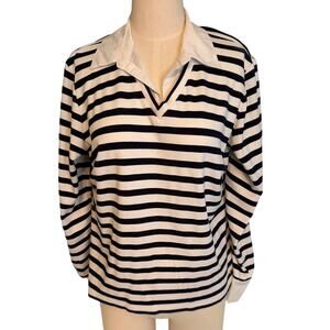 Jones New York Signature Collared V-Neck Women's Navy Stripe Top Size XL